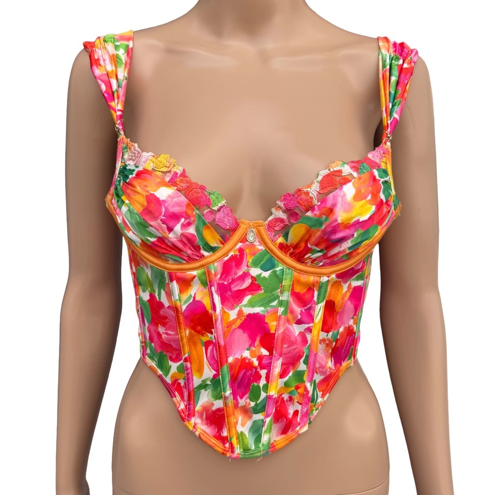 Bydee Havana Corset Top Orange Pink Watercolor Floral Print Embroidered Size XS